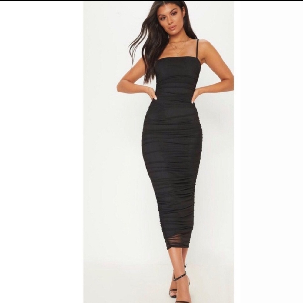 NWT PrettyLittleThingDress black mesh ruched midi